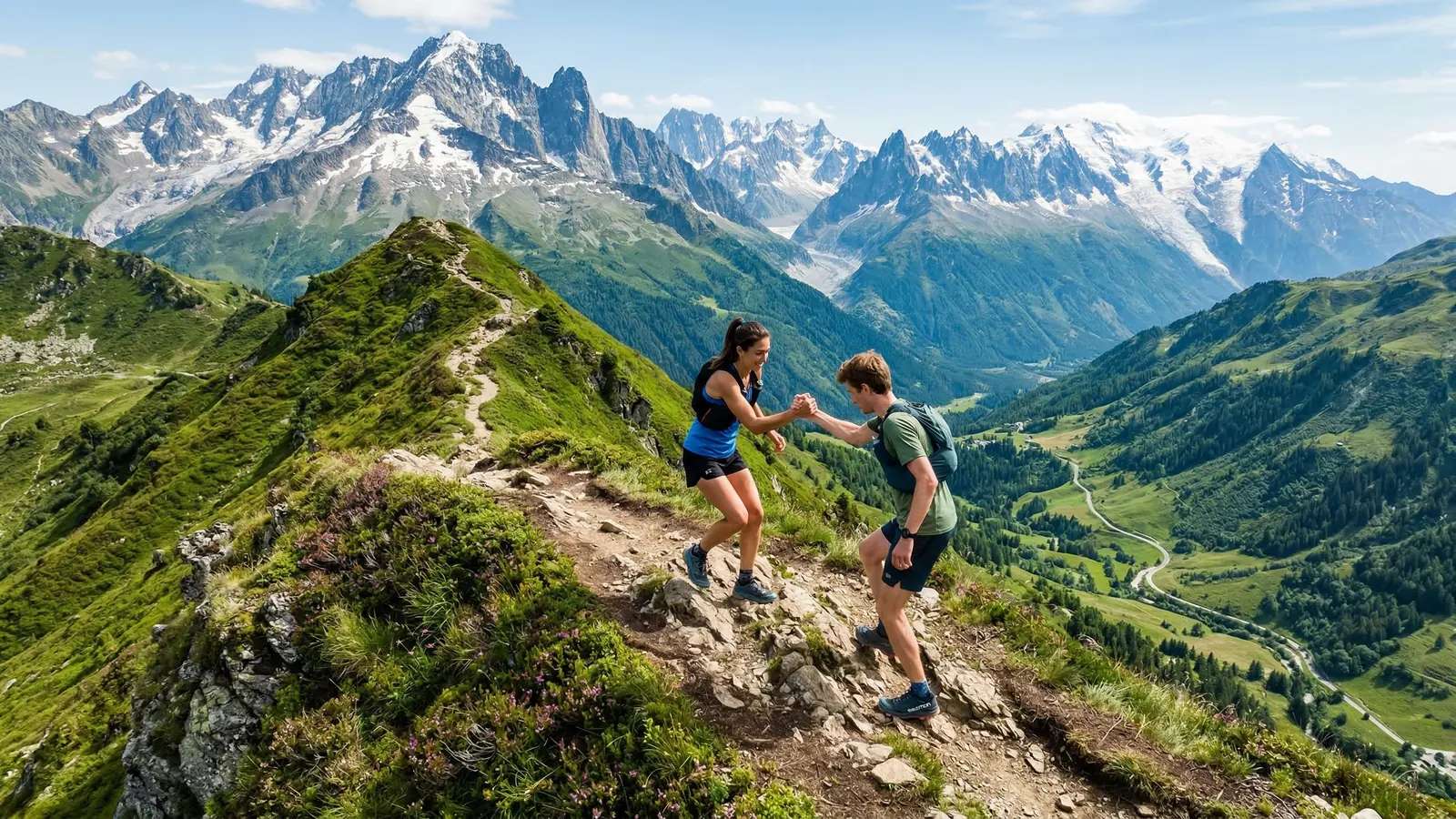 En trail, une coureuse tend la main à un coureur pour l'aider à franchir une portion rocheuse, face à un massif enneigé