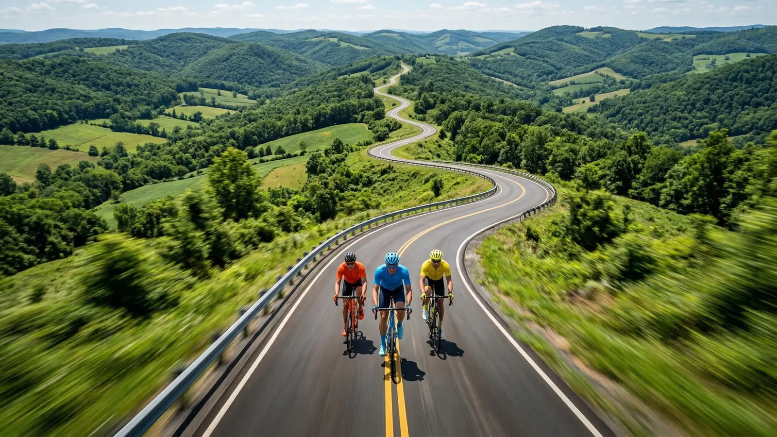 Trois cyclistes roulent de front sur une route sinueuse au milieu de collines boisées