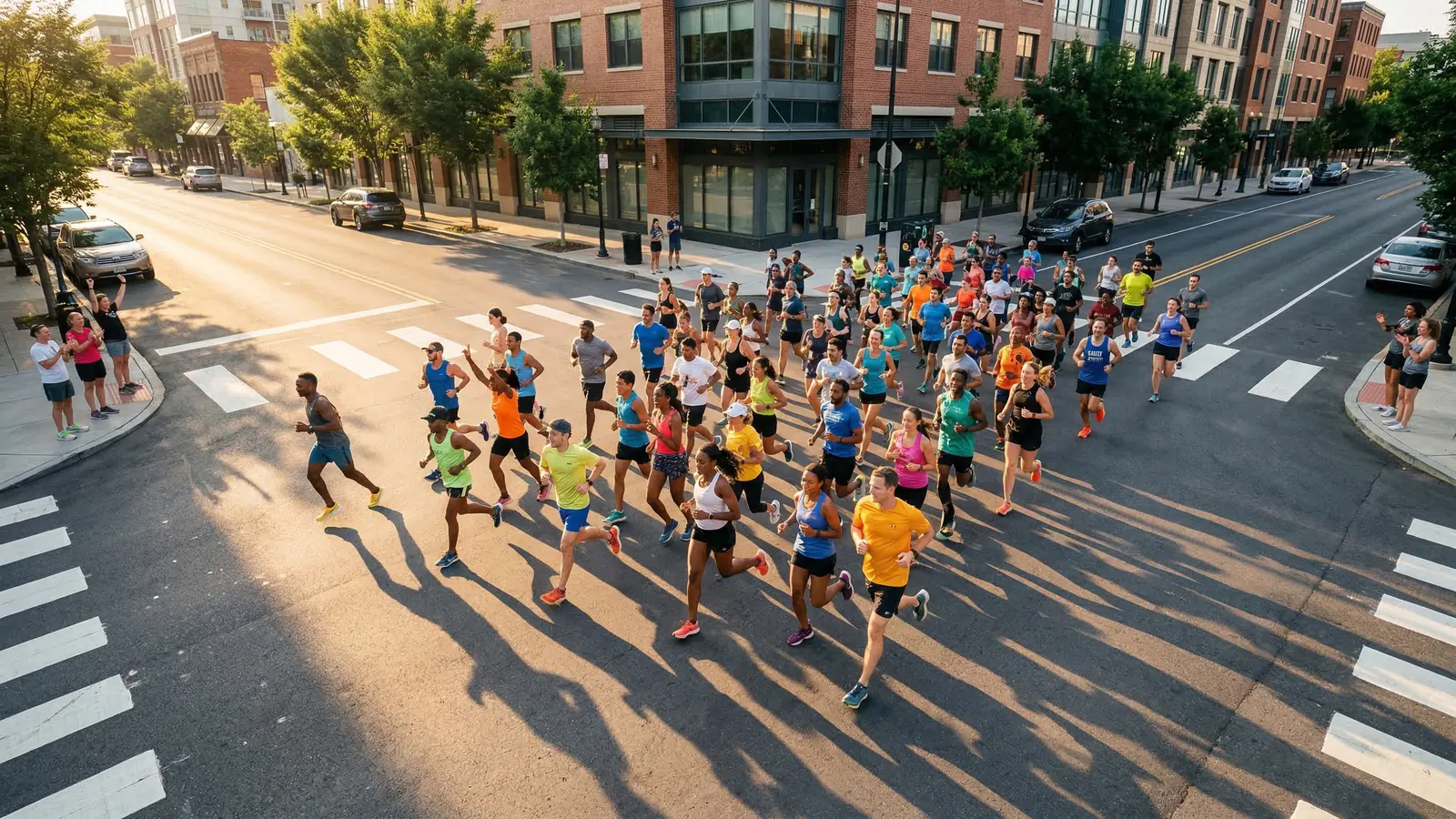 Un large groupe de coureurs traverse un carrefour en ville au lever du soleil, encouragés par des passants sur le trottoir